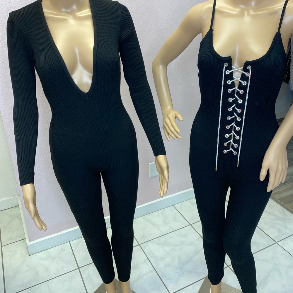 Deep v neck long sleeve body suite / rope chain lace up body suit